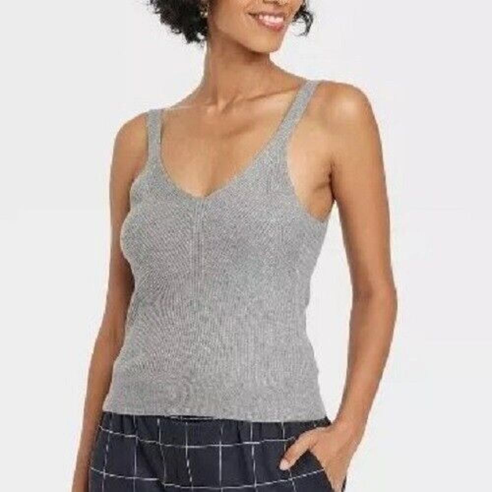 Nw A New Day Tank Top XL Ribbed Knit Fine Gauge Sweater Tank Stretch V Neck Gray